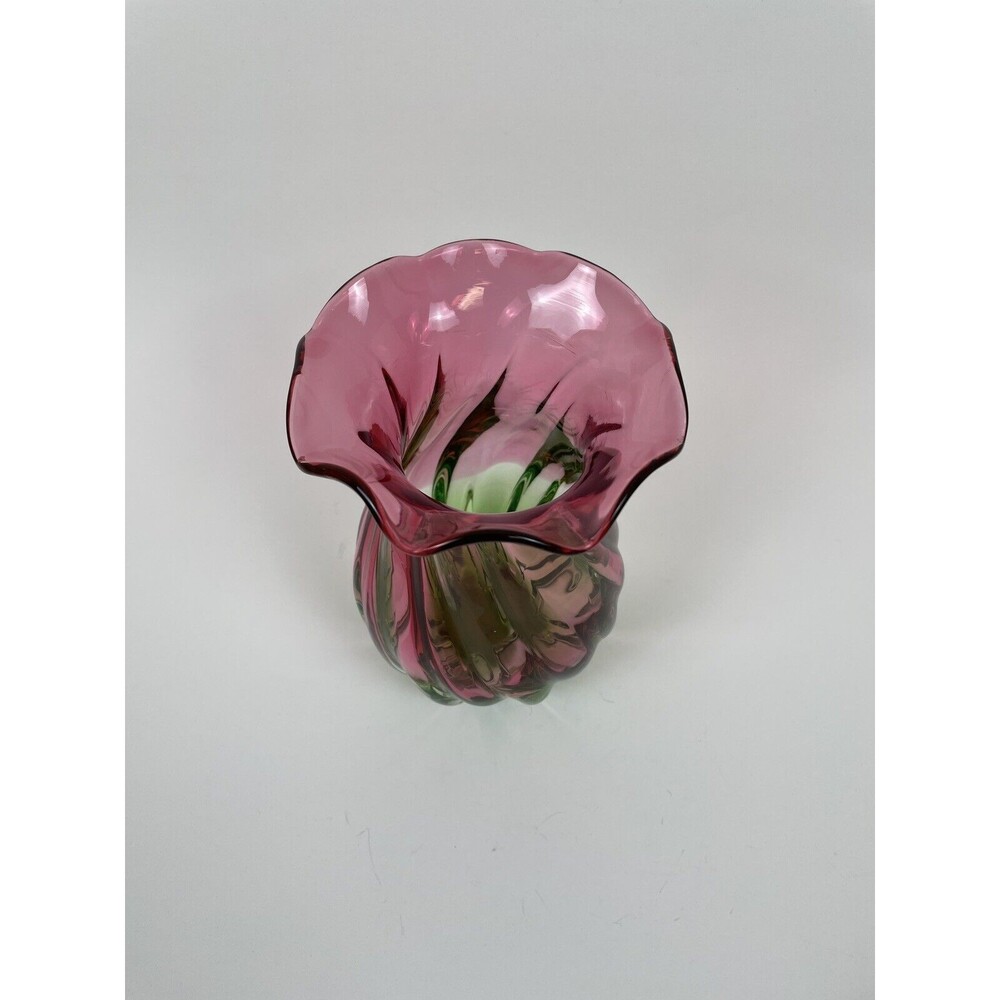 Watermelon Glass Vase Twisted Ruffled Edge Hand Blown 8” Tall - Picture 3 of 10